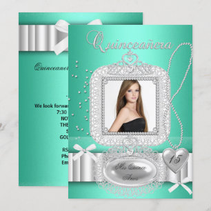 Quinceanera 15. Green Lace Pearl Foto Einladung
