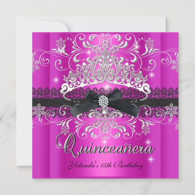 Quinceanera 15. Hot Pink Glitzer Tiara Silver Einladung (Vorderseite)