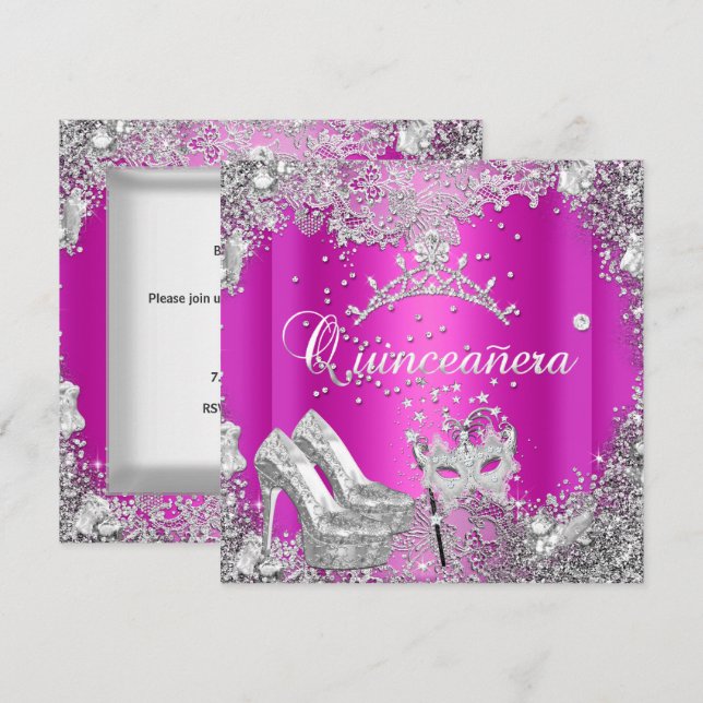 Quinceanera 15. Hot Pink Silver Maske Tiara Einladung (Vorne/Hinten)