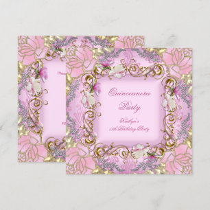 Quinceanera 15. Hübsch Pink Damask Gold Floral Einladung