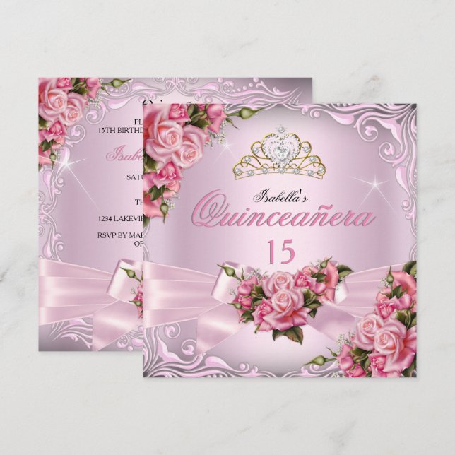 Quinceanera 15. Hübsch Pink Roses Tiara Geburtstag Einladung (Vorne/Hinten)