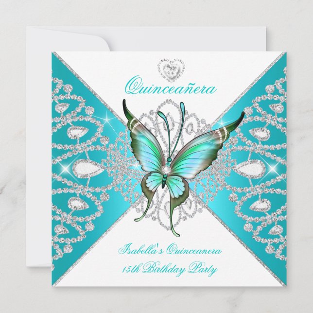 Quinceanera 15. Hübscher Aquamariner Blauer Schmet Einladung (Vorderseite)
