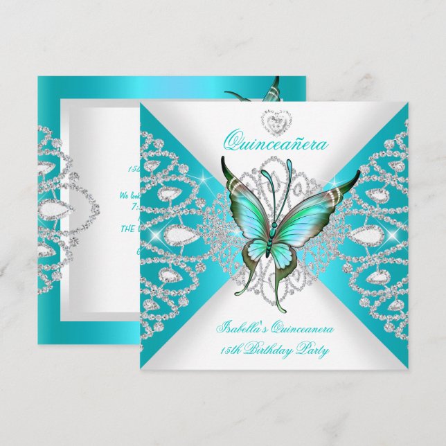 Quinceanera 15. Hübscher Aquamariner Blauer Schmet Einladung (Vorne/Hinten)