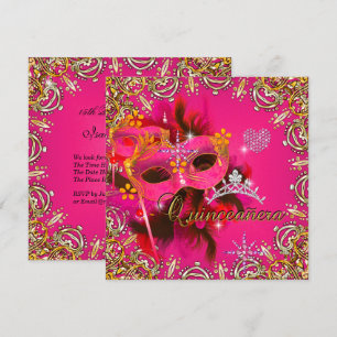Quinceanera 15. Korallenrosa Maskenball Gold Einladung