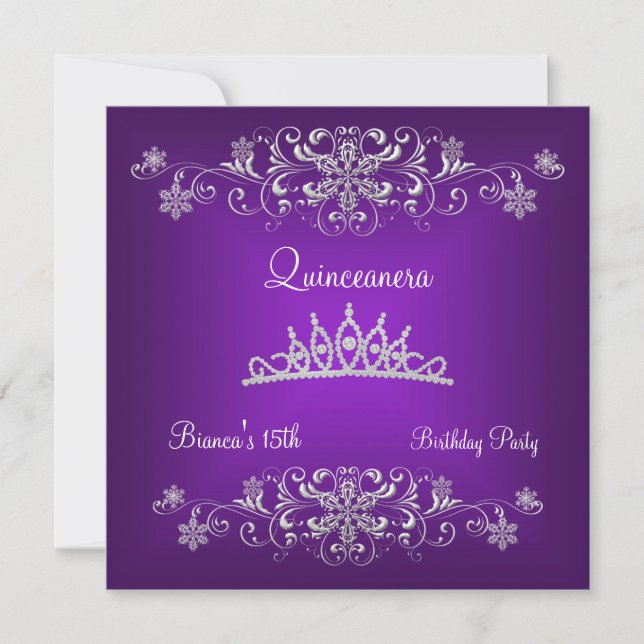 Quinceanera 15. Lila Black Diamond Tiara Einladung (Vorderseite)