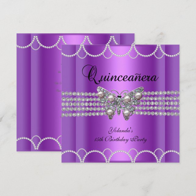 Quinceanera 15. Lila Butterfly Pearl Lace Einladung (Vorne/Hinten)