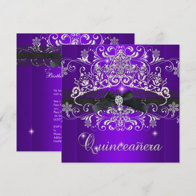 Quinceanera 15. Lila Glitzer Tiara Black Bow Einladung (Vorne/Hinten)