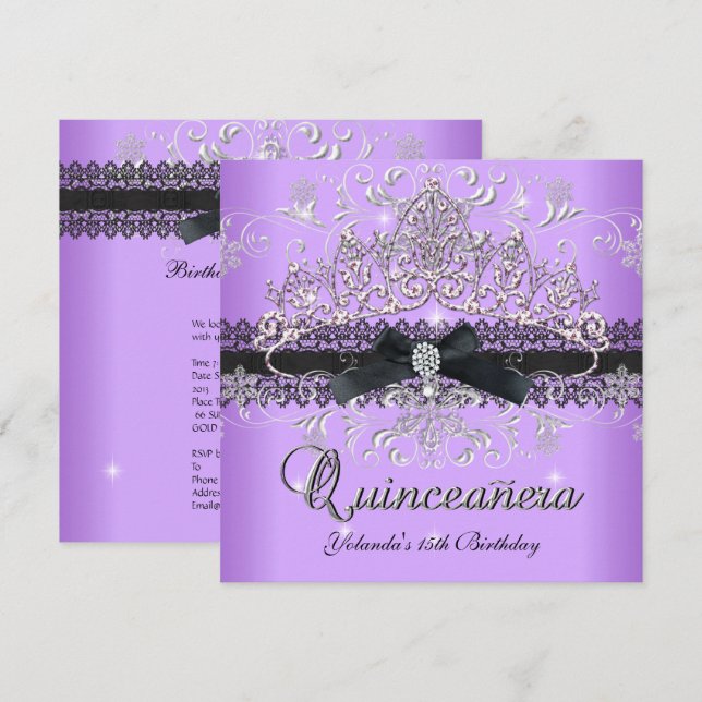 Quinceanera 15. Lila Glitzer Tiara Black Bow Einladung (Vorne/Hinten)