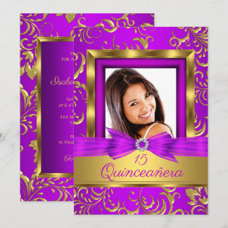 Quinceanera 15. Lila rosa Gold Damaskus Foto Einladung