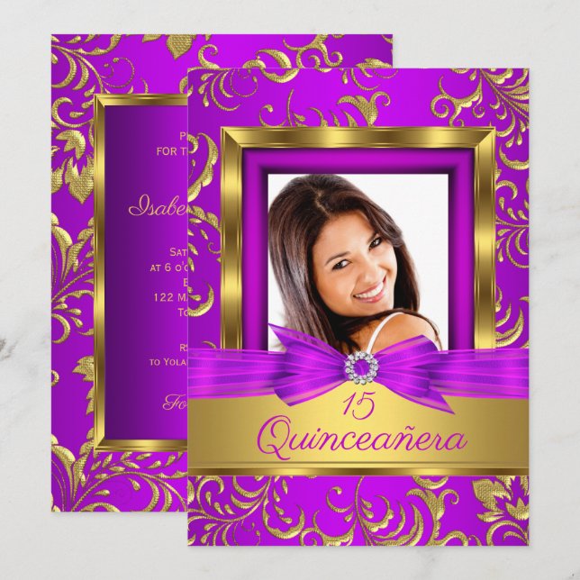 Quinceanera 15. Lila rosa Gold Damaskus Foto Einladung (Vorne/Hinten)