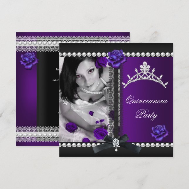 Quinceanera 15. Lila Rose Schwarze Perle Einladung (Vorne/Hinten)