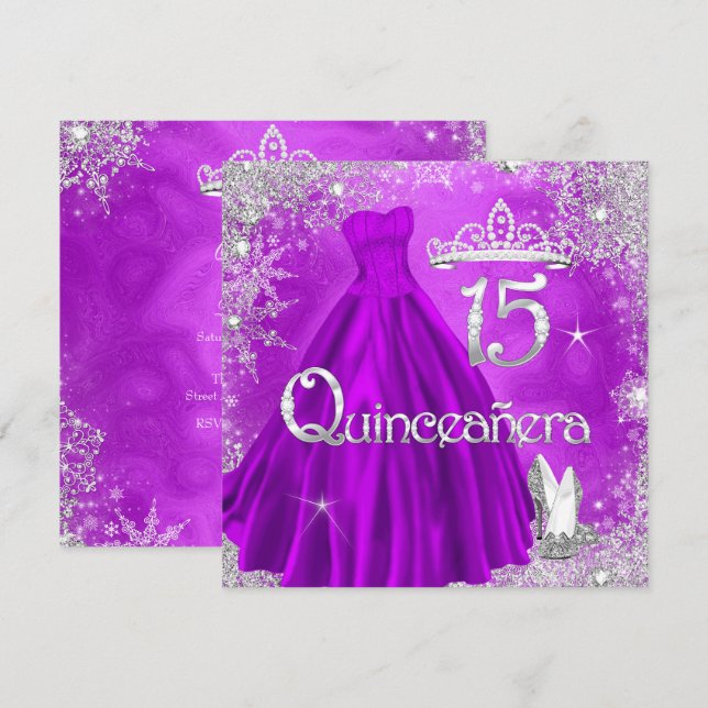 Quinceanera 15. Lila Silberschneeflocken Party 2 Einladung (Vorne/Hinten)