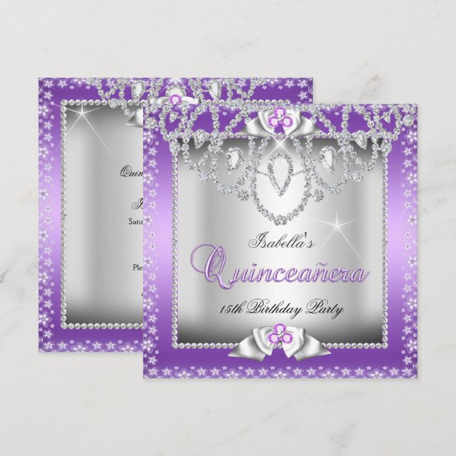 Quinceanera 15. Lila Silver Diamond Tiara Einladung (Vorne/Hinten)