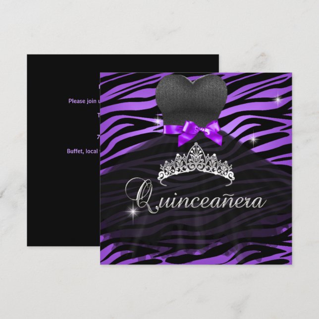 Quinceanera 15. Lila Tiara Zebra Kleid Einladung (Vorne/Hinten)
