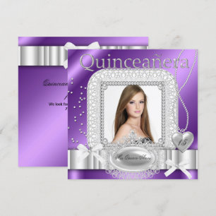 Quinceanera 15. Lila Weiße Spitze Perle Foto Einladung