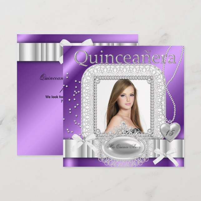 Quinceanera 15. Lila White Lace Pearl Foto Einladung (Vorne/Hinten)
