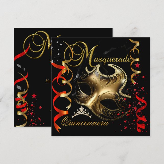 Quinceanera 15. Masquerade Red Gold Maske Einladung (Vorne/Hinten)