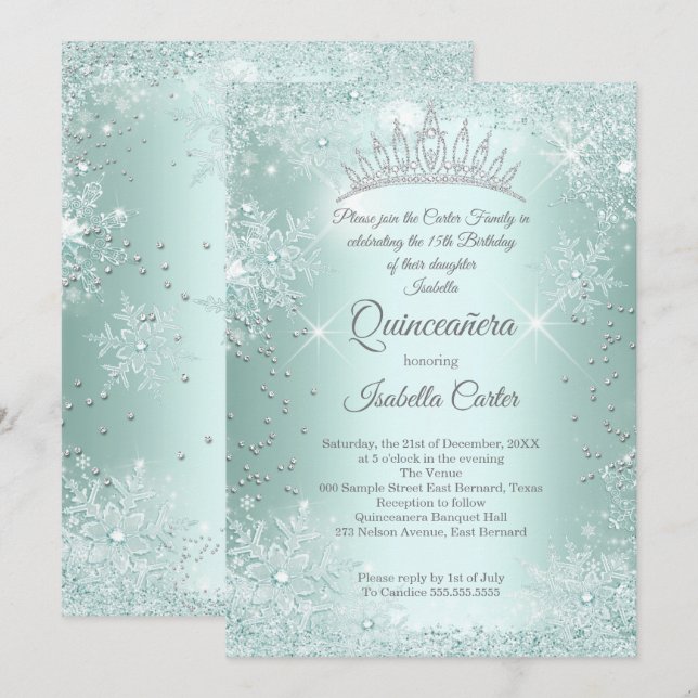 Quinceanera 15. Mint Aquamariner Schneeflocken Win Einladung (Vorne/Hinten)