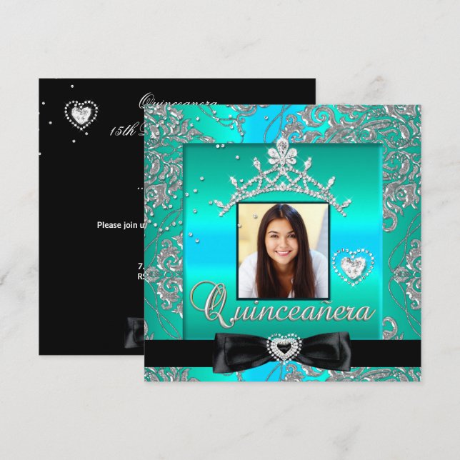 Quinceanera 15. Party Aquamarin Silver Damask Foto Einladung (Vorne/Hinten)