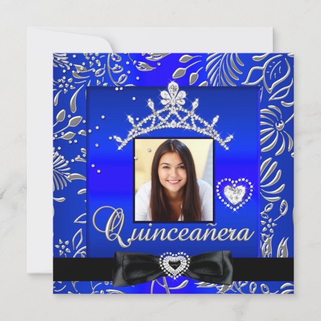 Quinceanera 15. Party Blue Silver Damask Foto Einladung (Vorderseite)