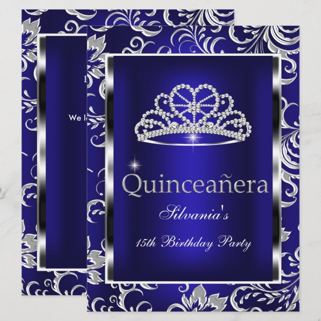 Quinceanera 15. Party Dark Blue Damask Silver Einladung (Vorne/Hinten)