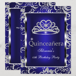 Quinceanera 15. Party Dark Blue Damask Silver Einladung