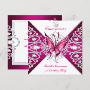 Quinceanera 15. Party Dunkelrosa Schmetterling Tia Einladung
