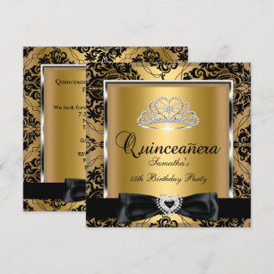 Quinceanera 15. Party Gold Damast Silber Schwarz Einladung