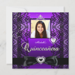 Quinceanera 15. Party Lila Schwarze Spitze Foto Einladung
