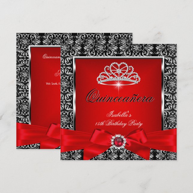 Quinceanera 15. Party Red Damask Silver Black 3 Einladung (Vorne/Hinten)