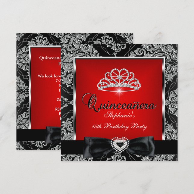 Quinceanera 15. Party Red Damask Silver Black Einladung (Vorne/Hinten)