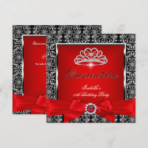 Quinceanera 15. Party Roter Damast Silber Schwarz Einladung