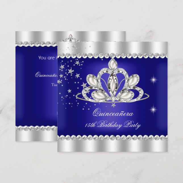 QUINCEANERA 15. Party Royal Blue Tiara Silver Einladung (Vorne/Hinten)