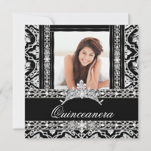 Quinceanera 15 Party Schwarz-weiß Damask Diamond Einladung (Vorderseite)