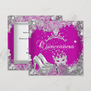 Quinceanera 15. Pink Pflaume Silber Maske Tiara Einladung