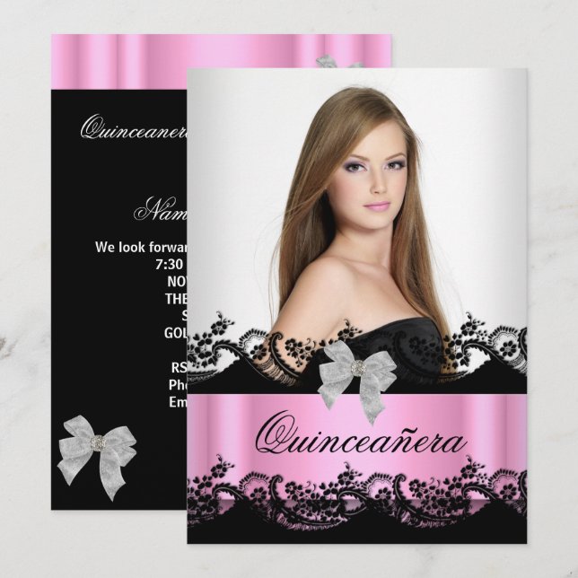 Quinceanera 15. Pink Schwarz-weiß Lace Foto Einladung (Vorne/Hinten)