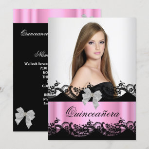 Quinceanera 15. Pink Schwarz Weiß Spitze Foto Einladung