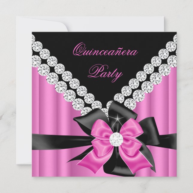 Quinceanera 15. Pink Silver Black Bow Diamonds Einladung (Vorderseite)