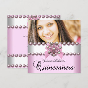 Quinceanera 15. Pink Weiße Pink Perle Bogen Foto Einladung