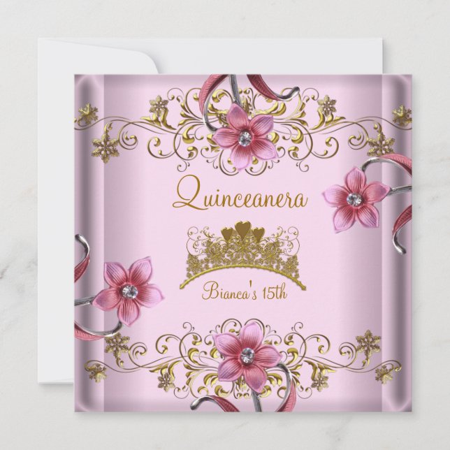 Quinceanera 15. Rosa Blume Gold Tiara Einladung (Vorderseite)