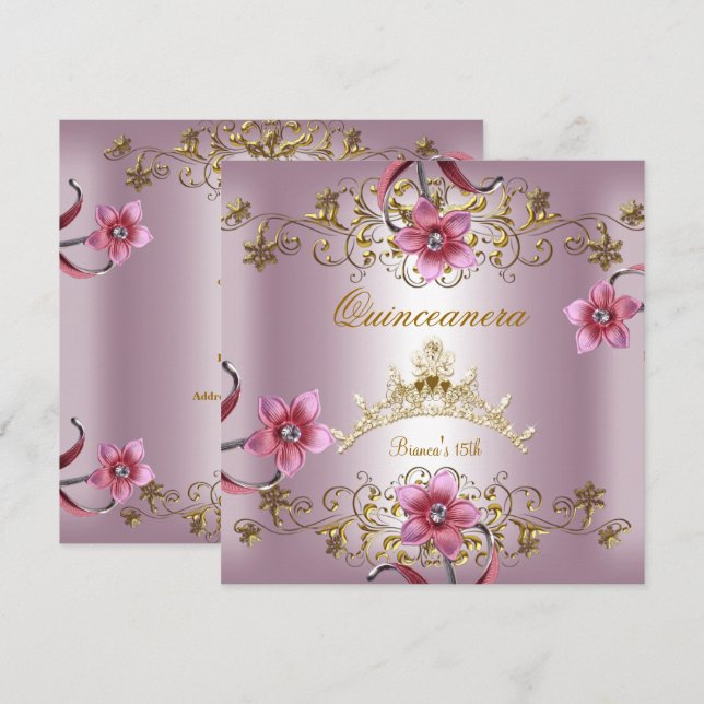 Quinceanera 15. Rosa Blume Gold Tiara Einladung (Vorne/Hinten)