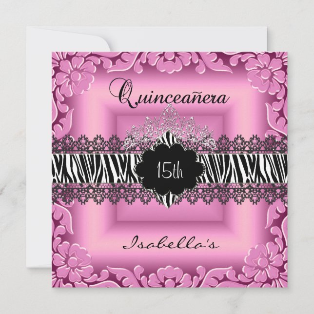 Quinceanera 15. Rosa Schwarz-weiß Zebra Lace Einladung (Vorderseite)