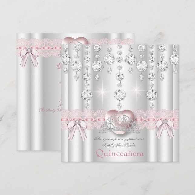Quinceanera 15. Rosa Silberherz Diamanten 2 Einladung (Vorne/Hinten)