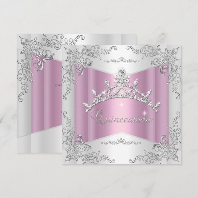 Quinceanera 15. Rosa Weiß Silber Tiara Einladung (Vorne/Hinten)