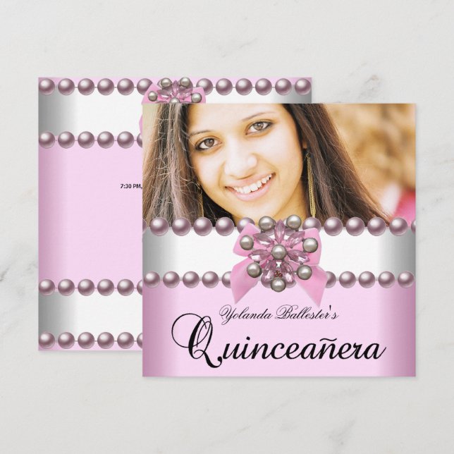 Quinceanera 15. Rosa Weißrosa Pearl Bow Foto Einladung (Vorne/Hinten)