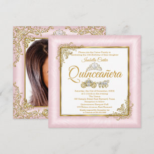 Quinceanera 15. Rosafarbenes Foto-Pferdekutschen-M Einladung