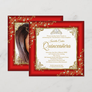 Quinceanera 15. Rot Gold Weiß Perlen Diadem Foto Einladung