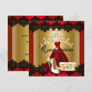 Quinceanera 15. Rot Schwarz Gold Diamant Tiara Einladung
