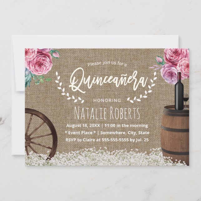 Quinceanera 15 Rustic Burlap Wine Barrel Floral Einladung (Vorderseite)