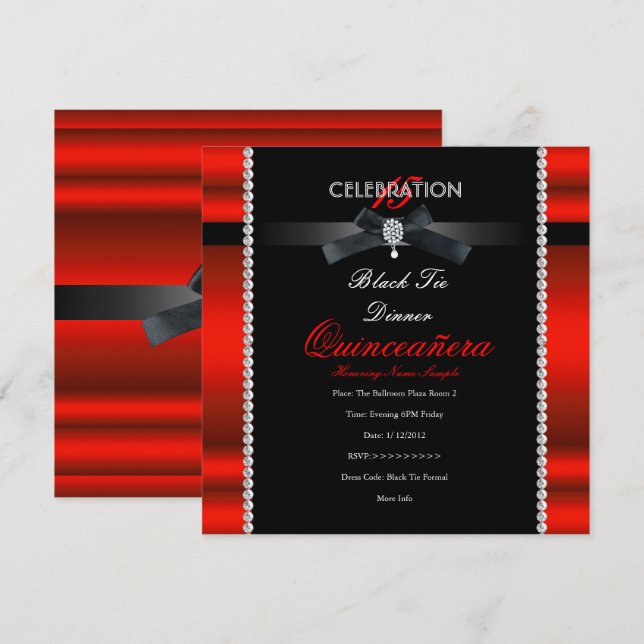 Quinceanera 15. Schwarze Krawatte Regal Red Black  Einladung (Vorne/Hinten)